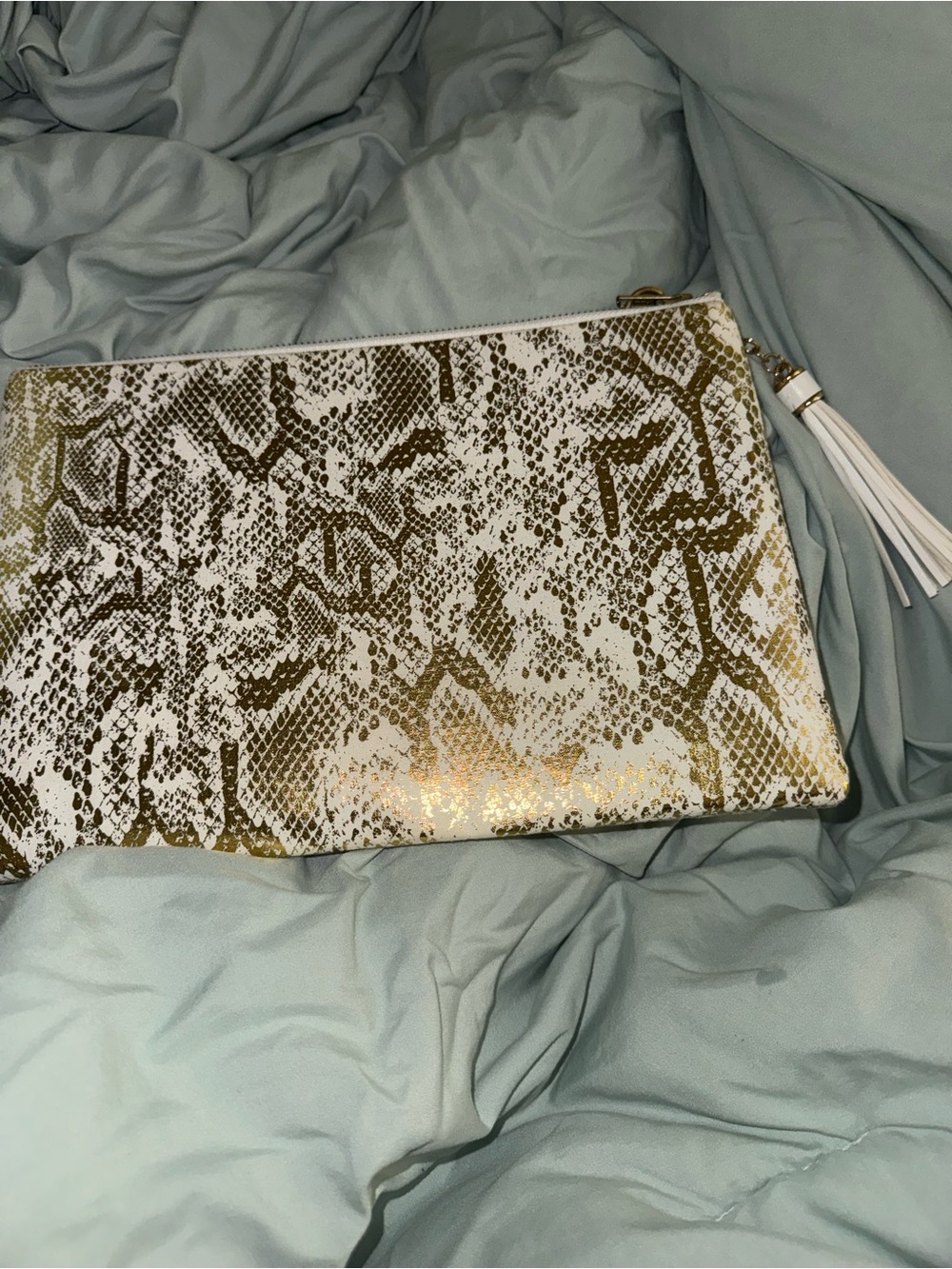 Gold & White Snake-Print Wristlet Clutch